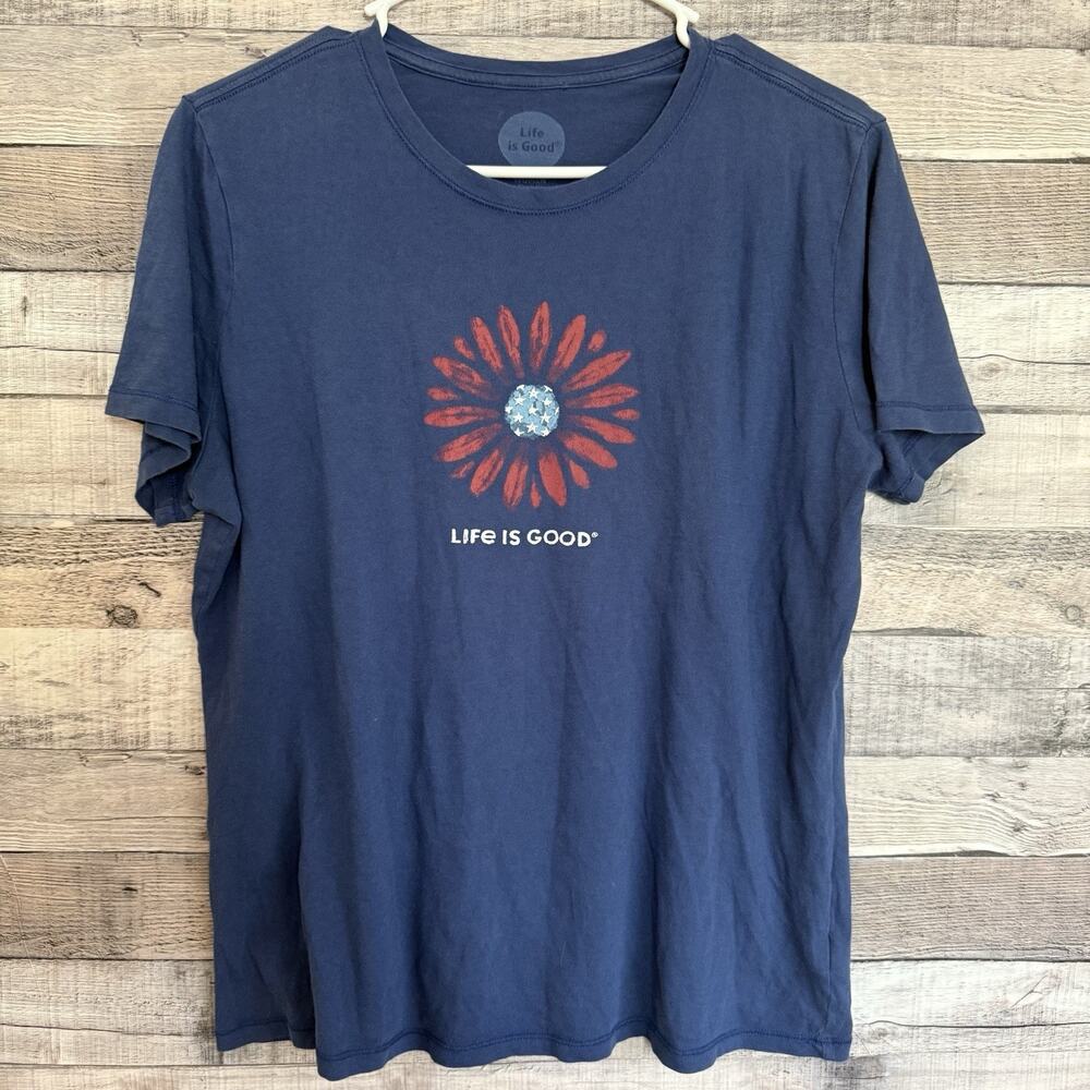 Life is Good Womens Medium Classic Fit Crew Neck Blue Short Sleeve Flower Tee